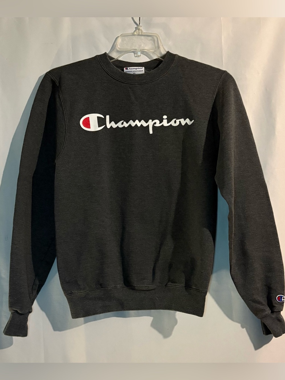 Champion Black Crewneck with White Script and Red Accent